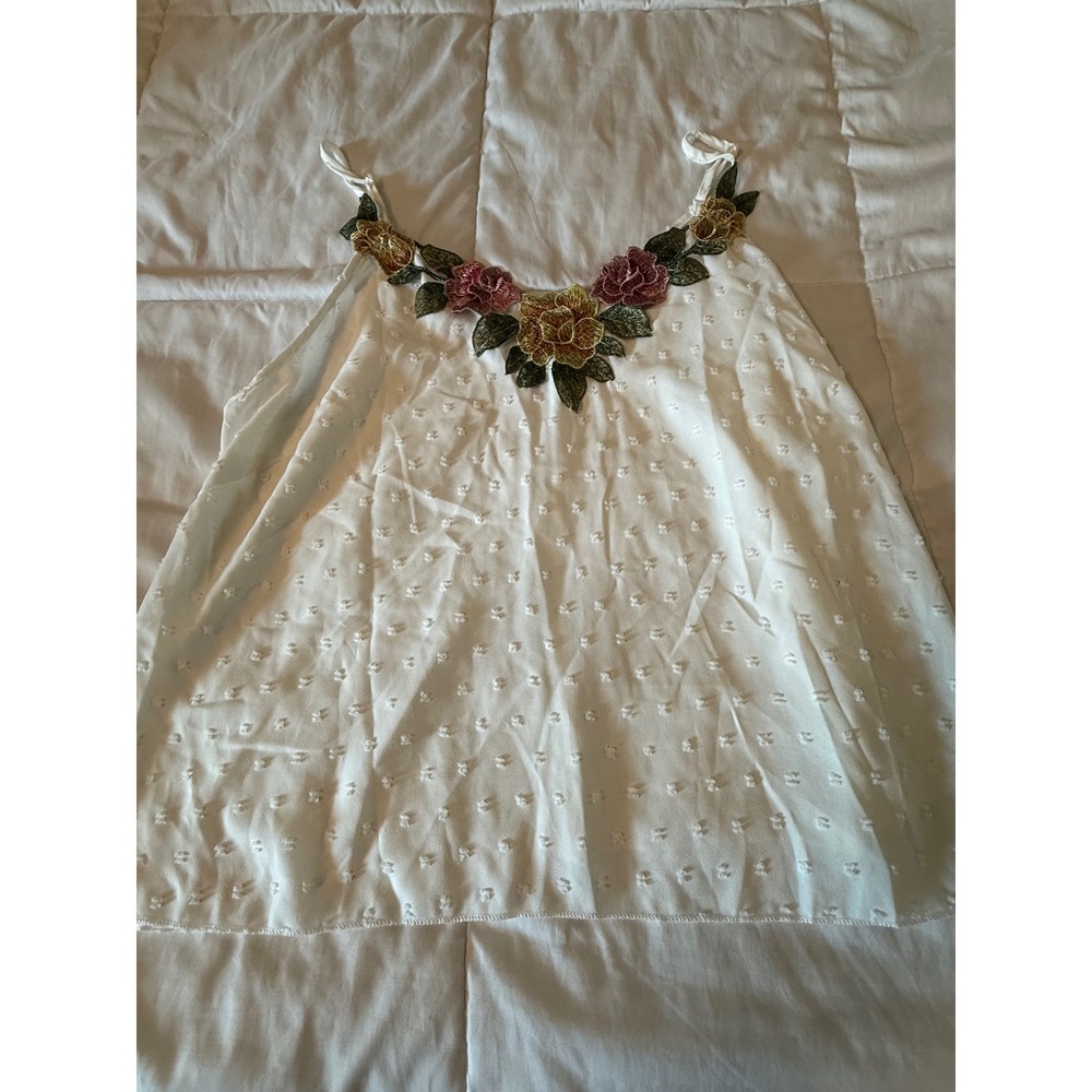 White Swiss Dot Floral Embroidered Applique Camisole Top 2XL Boho Sleeveless